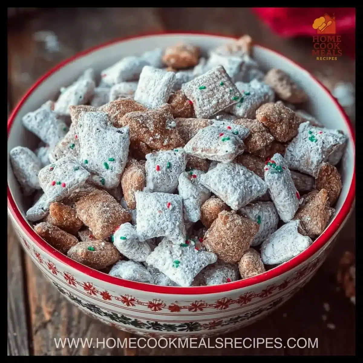 Bowl of festive Christmas Puppy Chow with holiday decorations