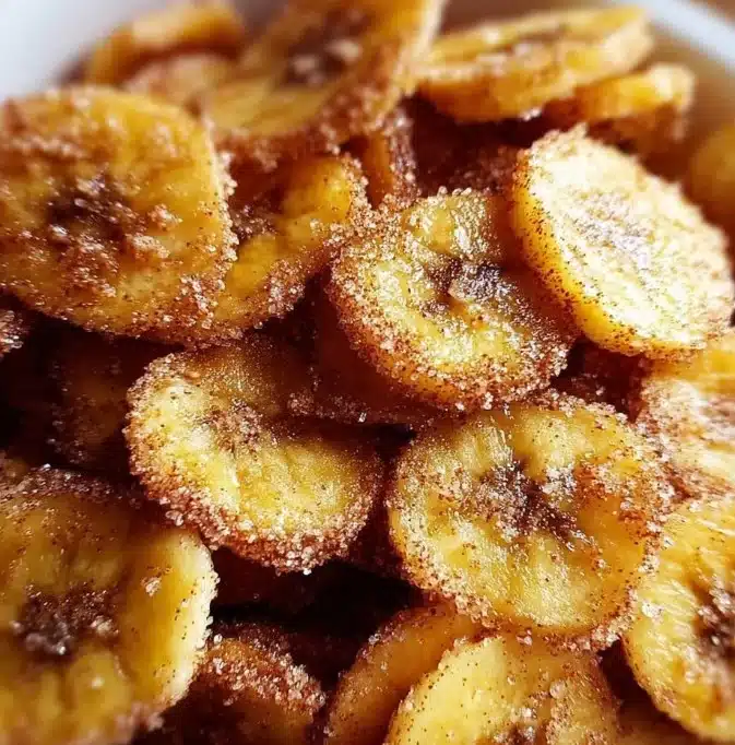 Cinnamon-sugar air fryer banana chips served in a bowl