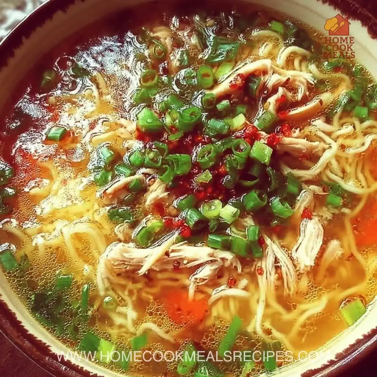 Bowl of Classic Ginger Garlic Chicken Noodle Soup garnished with herbs