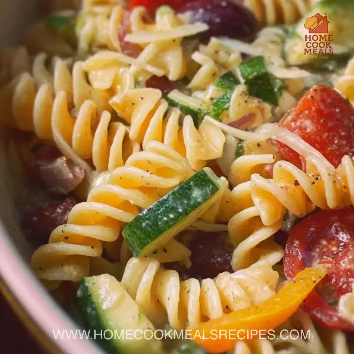A colorful bowl of classic pasta salad with vegetables and dressing.