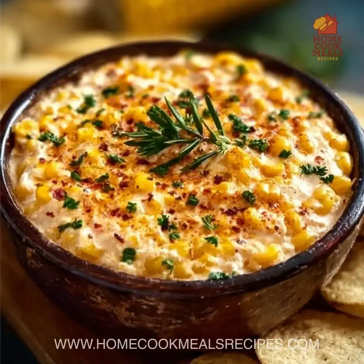 Delicious creamy Corn Dip served with tortilla chips in a bowl