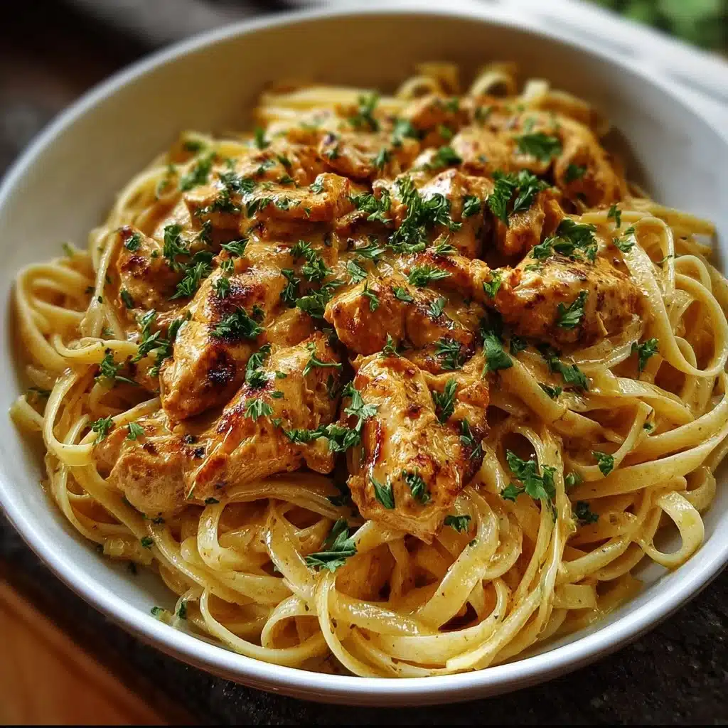 Delicious Cowboy Butter Chicken Linguine served with a rich sauce and pasta
