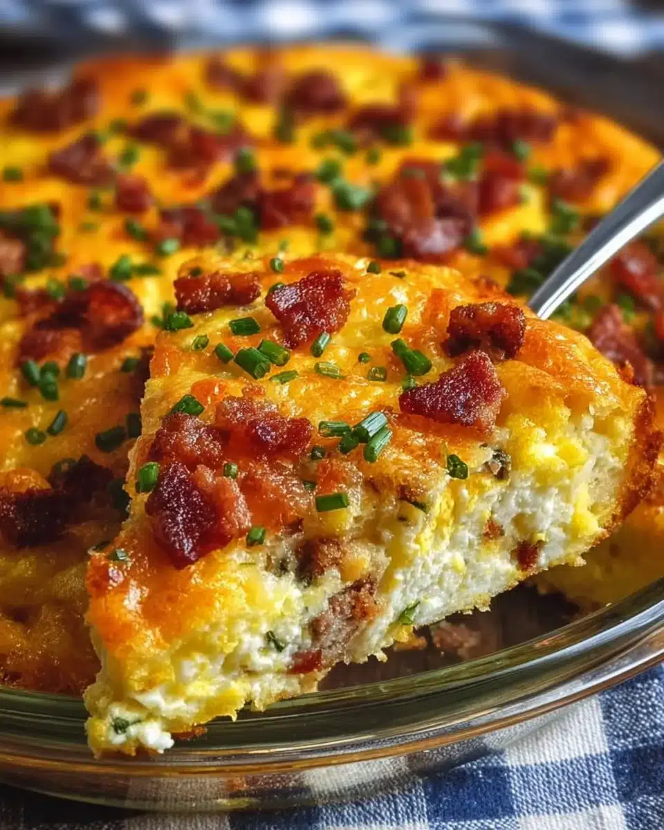 Delicious Crack Breakfast Casserole with eggs, cheese, and crispy bacon.