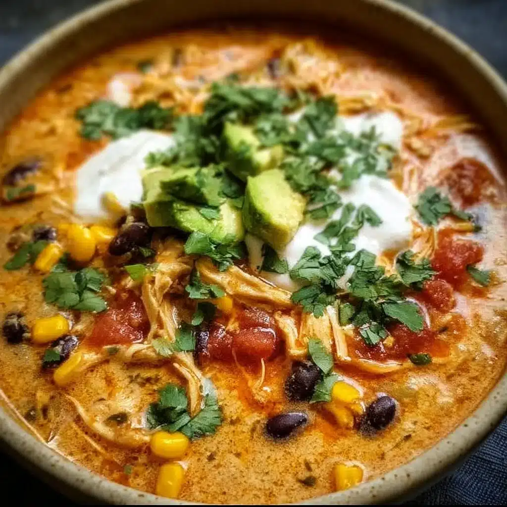 Bowl of creamy chicken enchilada soup topped with cheese and cilantro