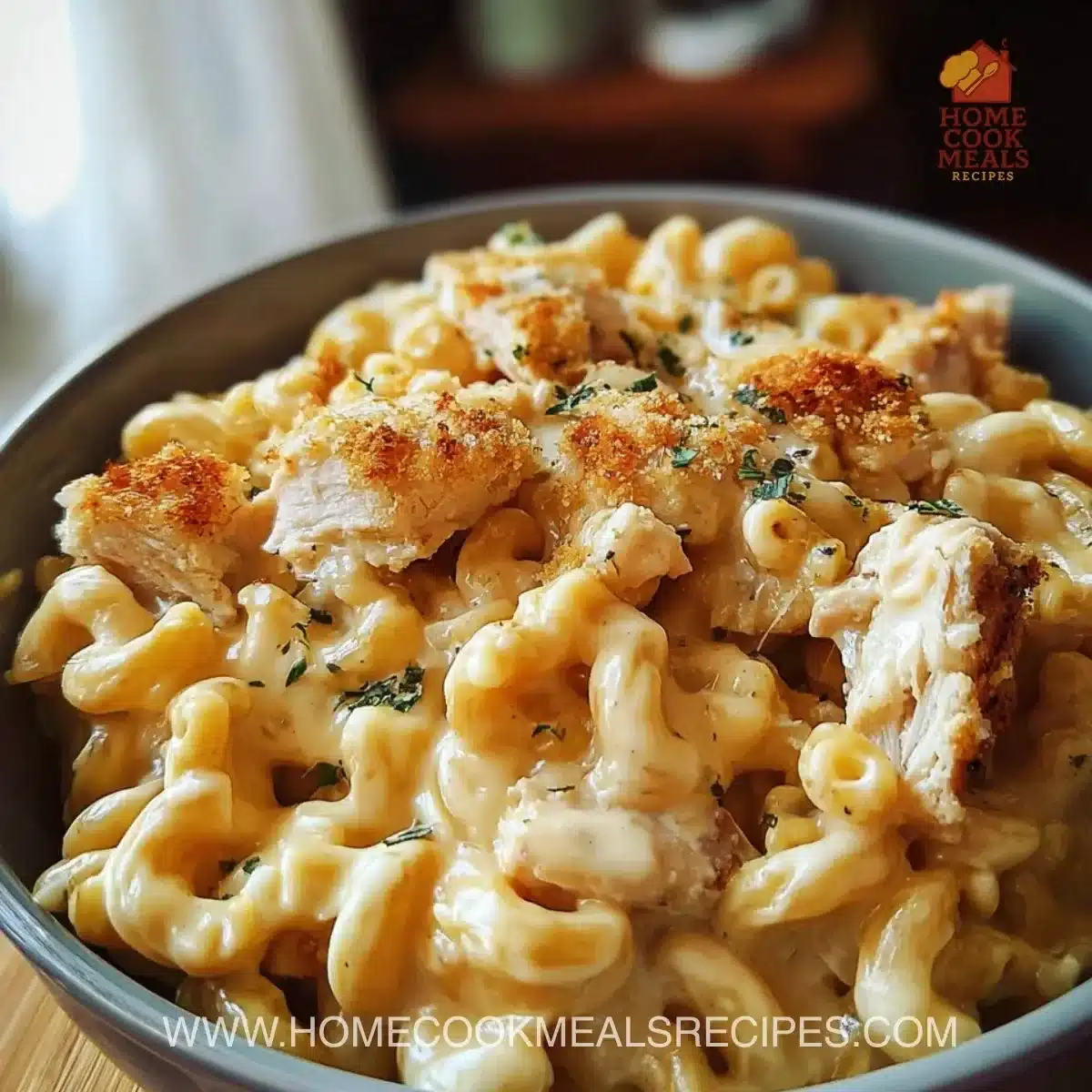 Creamy chicken mac and cheese served in a bowl, garnished with herbs.