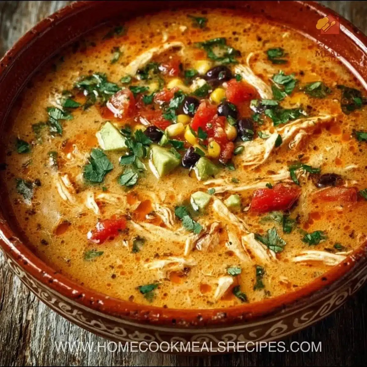 Creamy chicken tortilla soup garnished with tortilla strips and cilantro