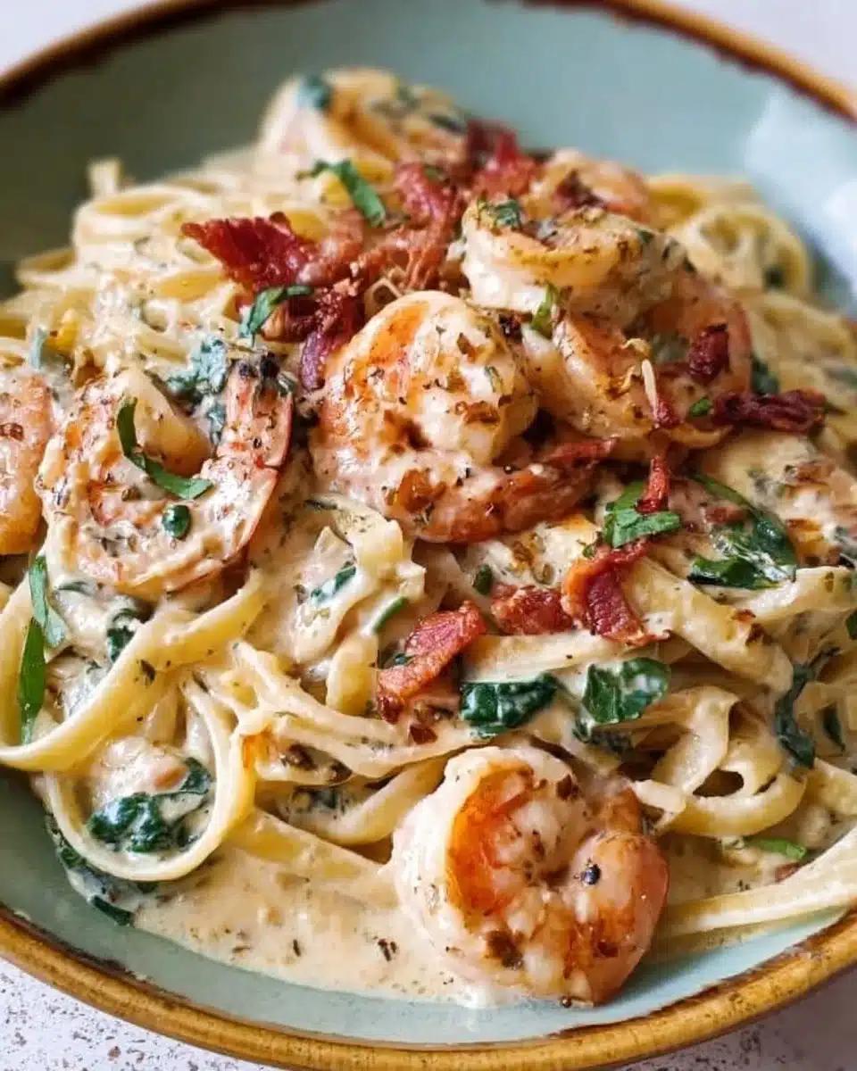 Creamy Tuscan shrimp linguine served with herbs and vegetables on a plate.