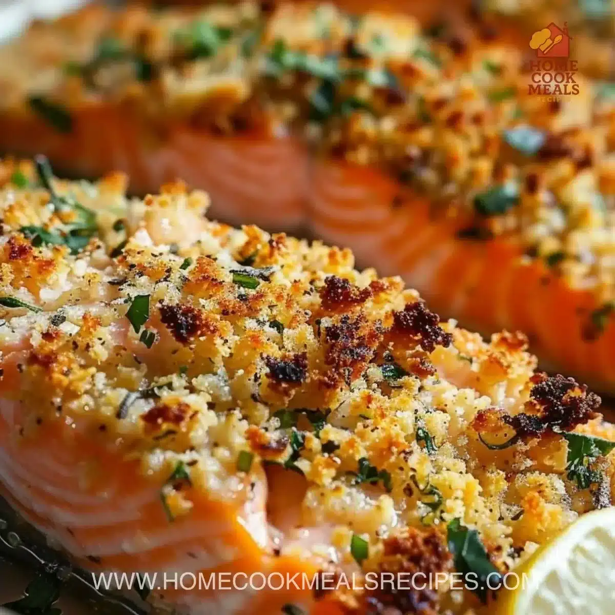 Crispy Parmesan Salmon Bake served on a plate with fresh herbs and lemon wedges.