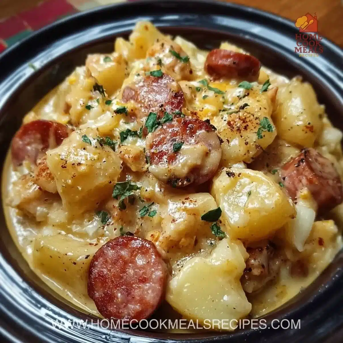 Crockpot Cheesy Potatoes and Kielbasa served in a bowl