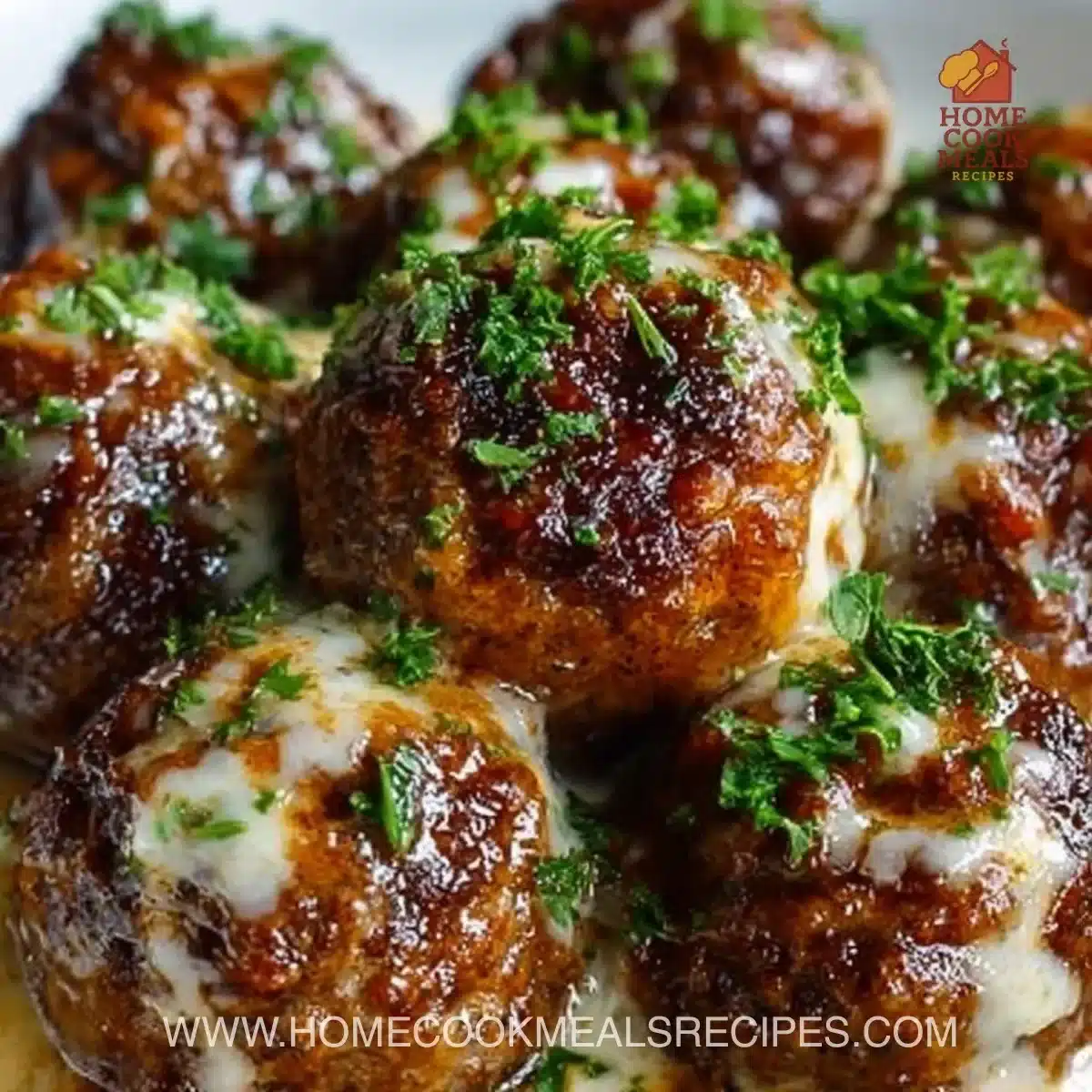 Crockpot French Onion Meatballs served with cheese on a platter