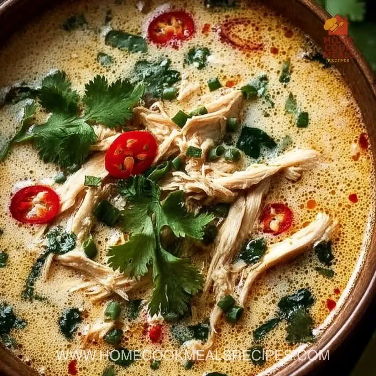 Bowl of Crockpot Thai Coconut Chicken Soup topped with fresh cilantro and lime.