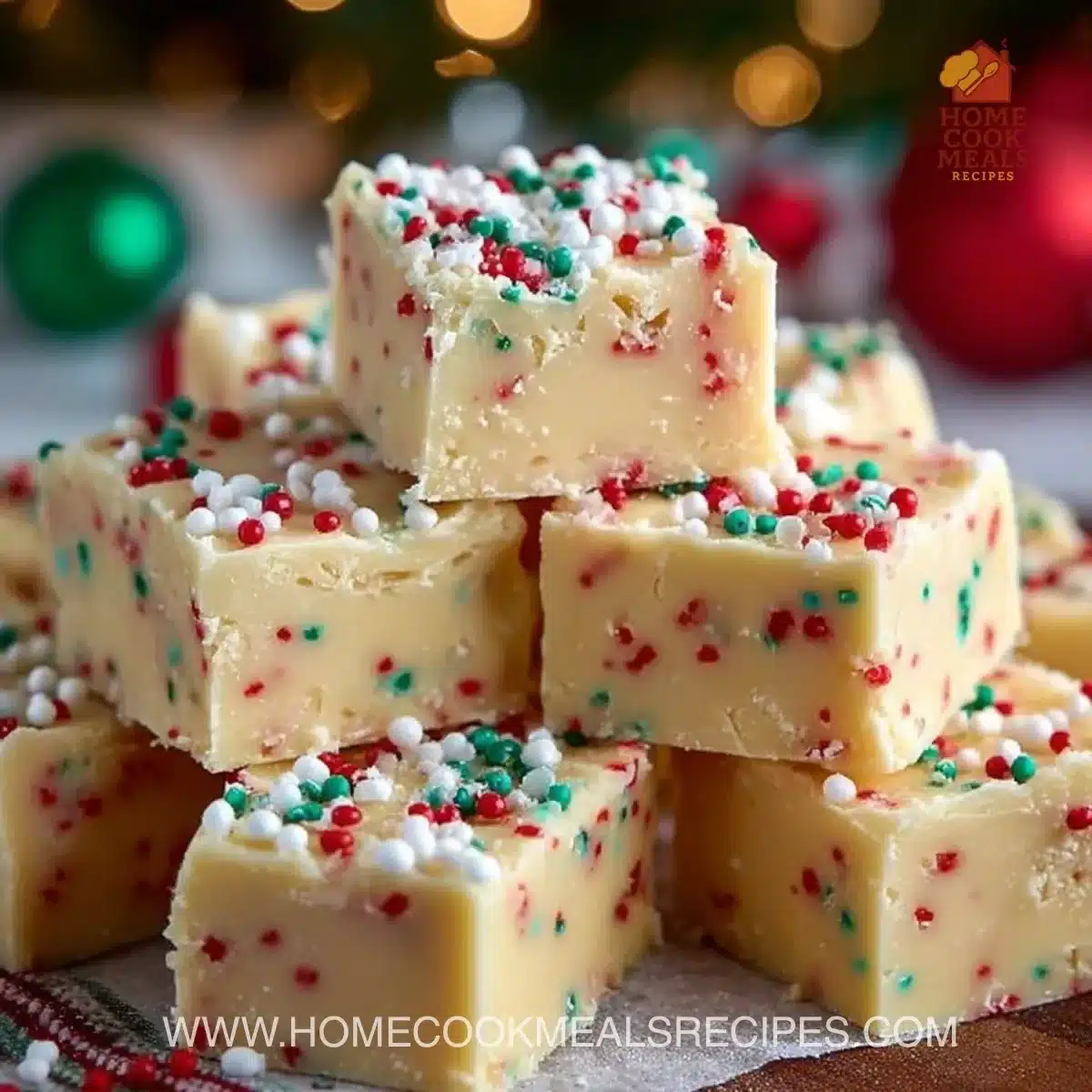 Easy Christmas sugar cookie fudge in festive packaging
