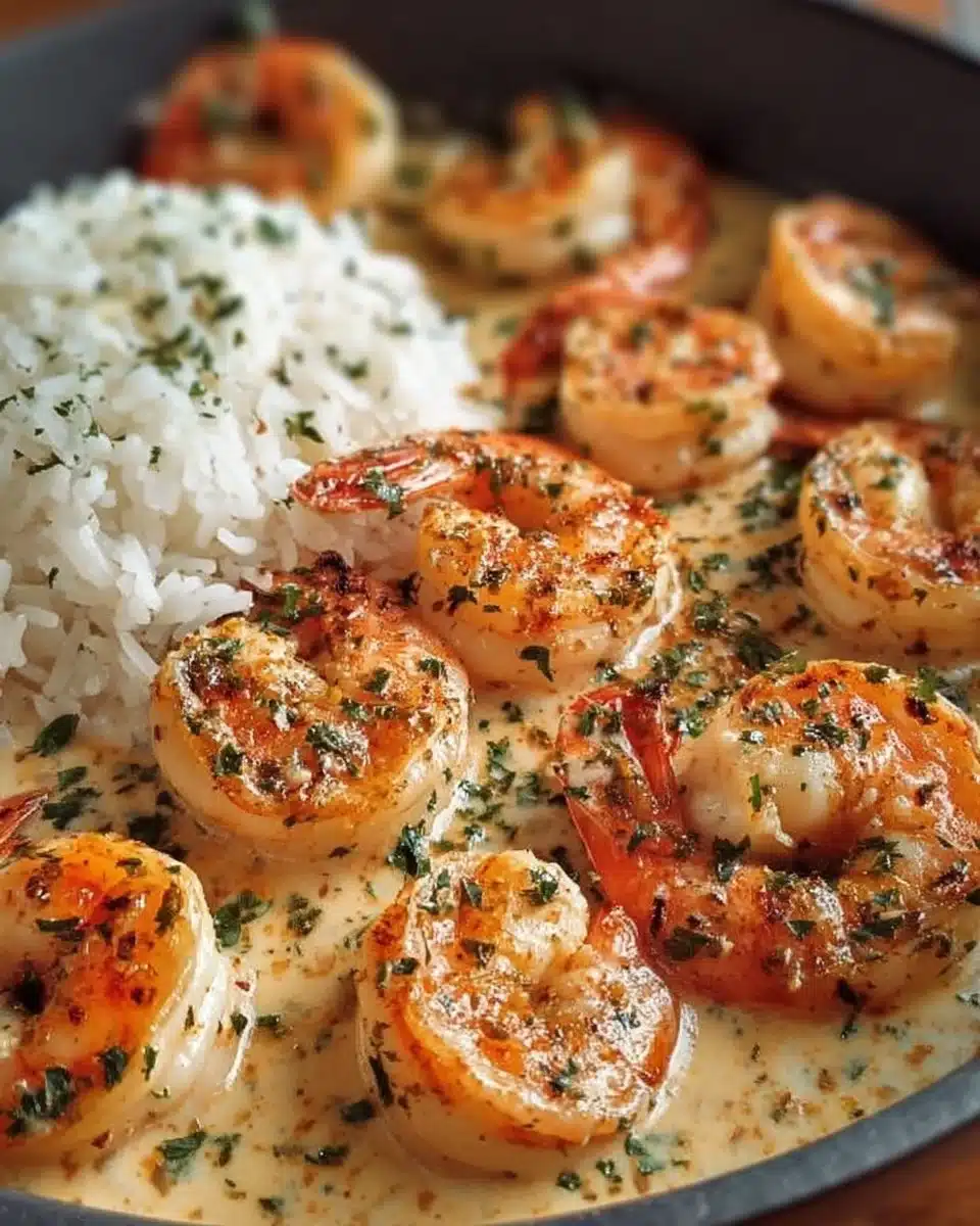 Delicious easy creamy garlic shrimp served on a plate
