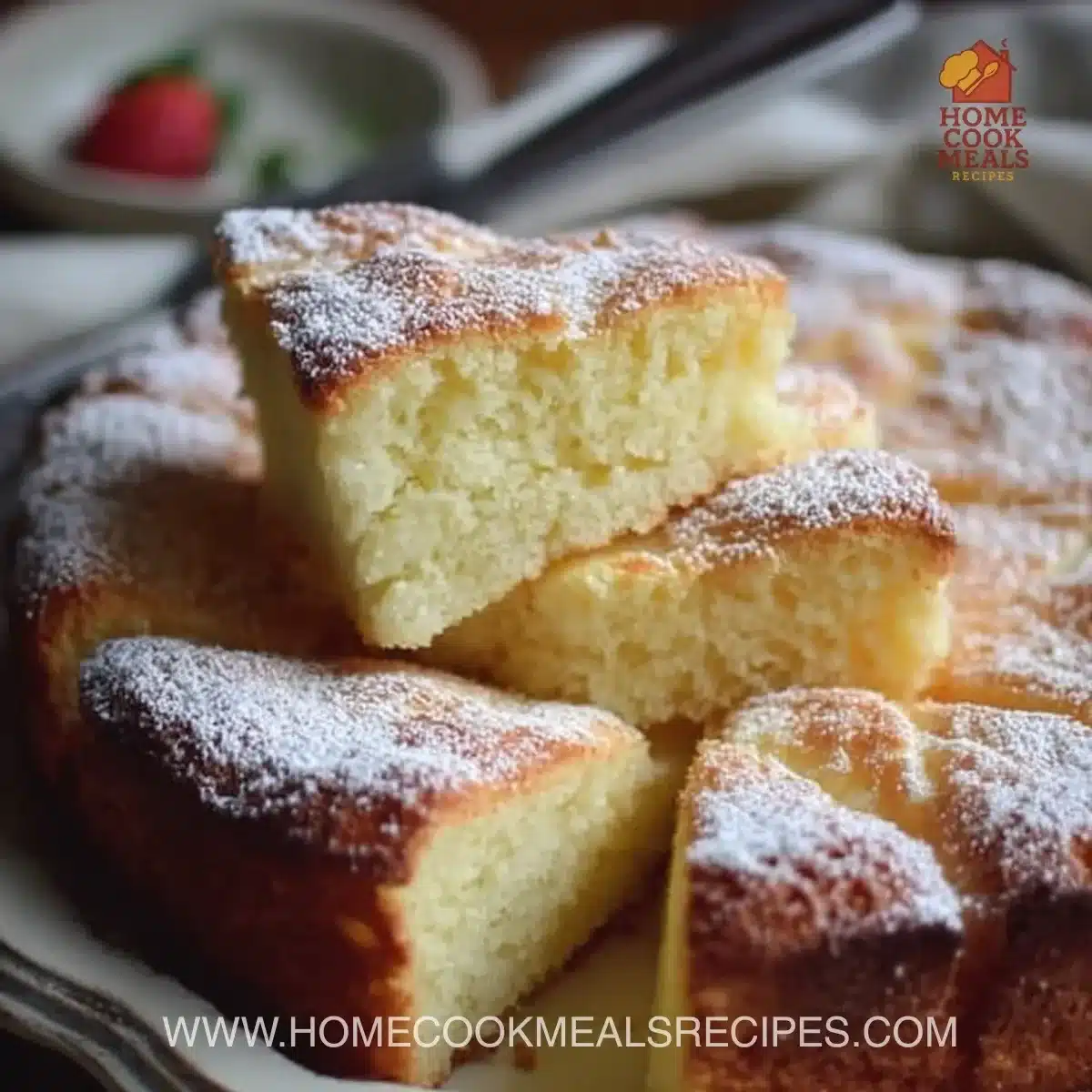 Deliciously moist French Butter Cake served on a plate with fresh berries.
