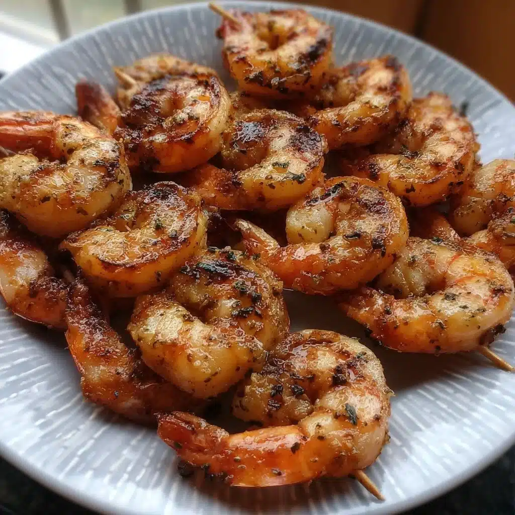 Grilled garlic and herb shrimp on a platter, garnished with fresh parsley.