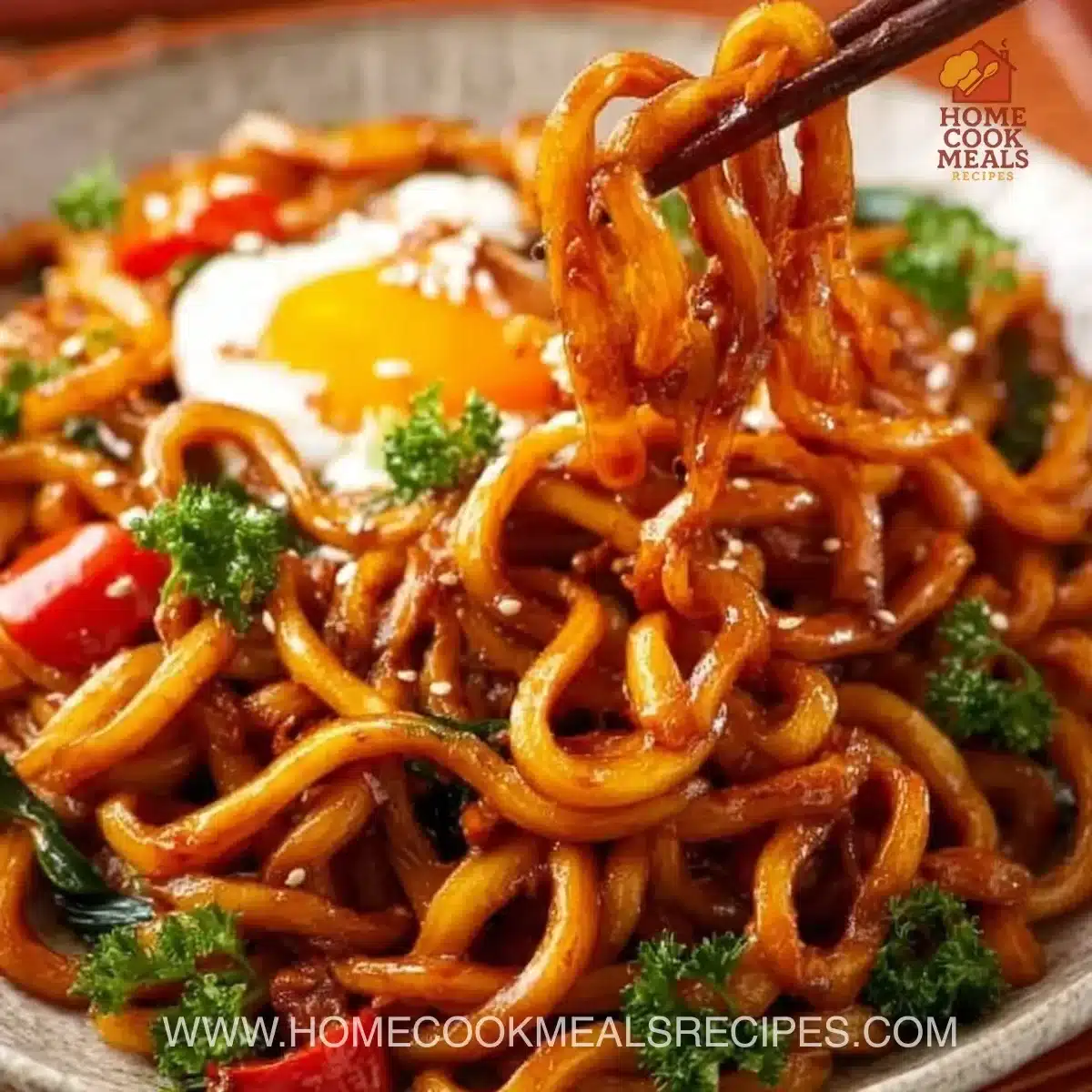 Plated grilled udon noodles topped with vegetables and garnished in a savory sauce.