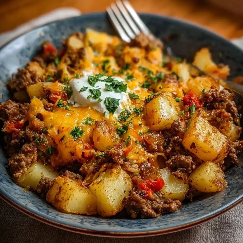 Delicious ground beef and potatoes casserole in a baking dish ready to serve