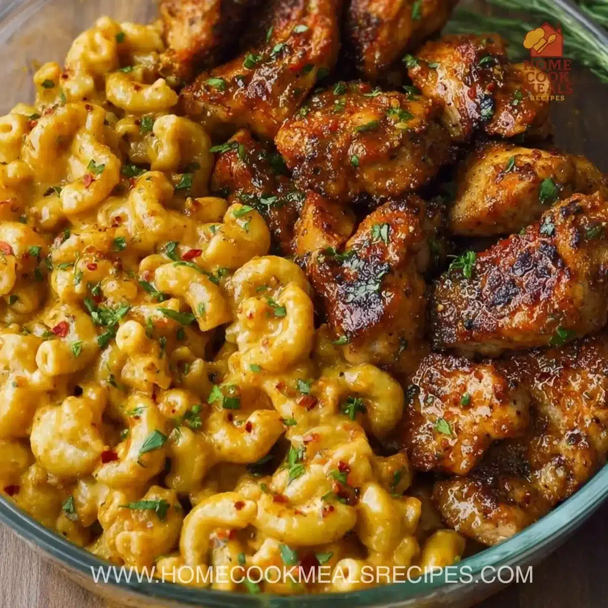 High-protein Honey Garlic Butter Chicken with a side of creamy mac & cheese