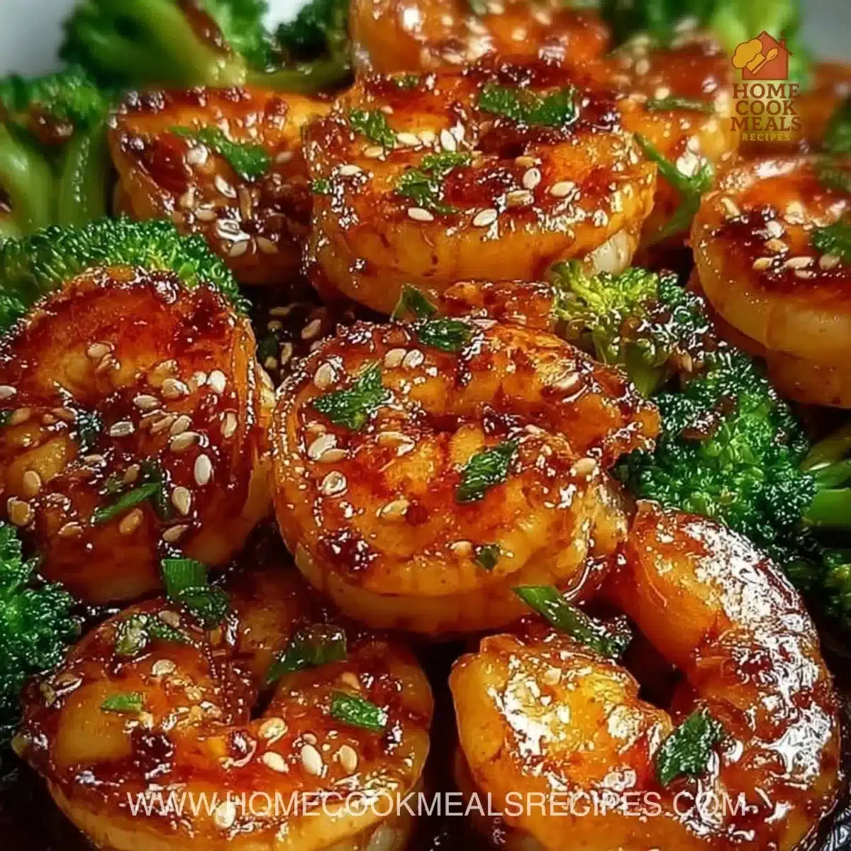 A delicious plate of high-protein honey garlic shrimp garnished with herbs.