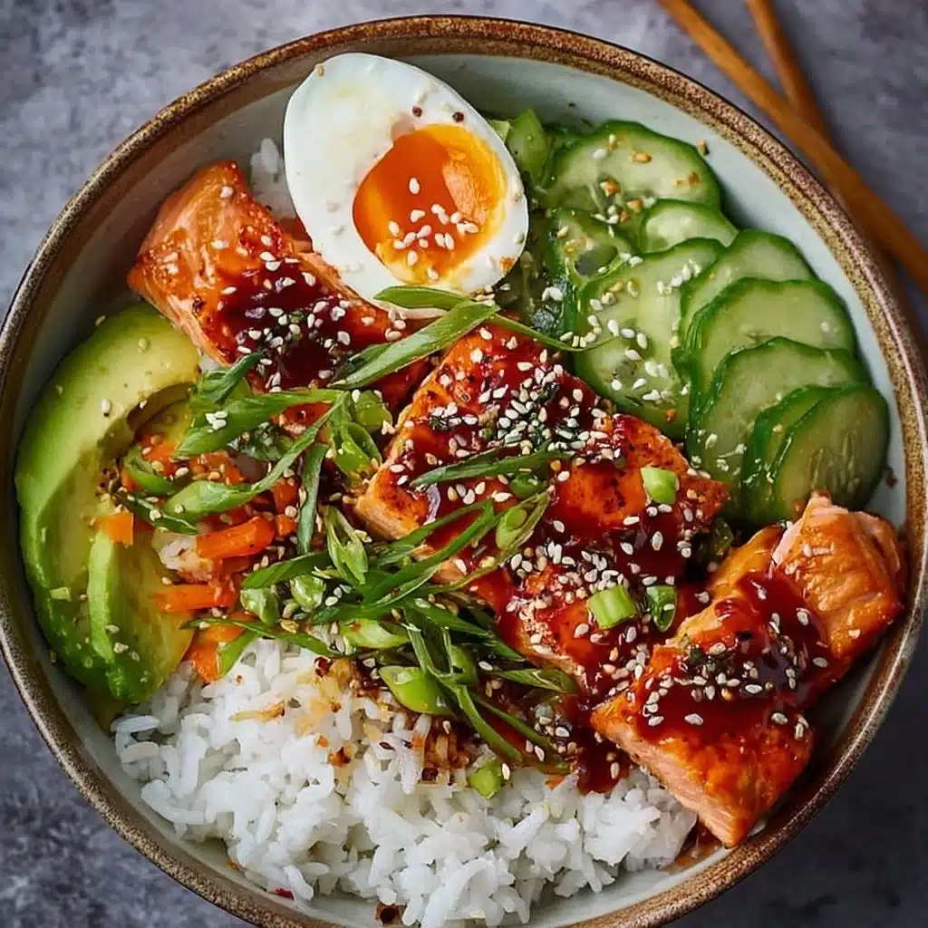 Honey Sriracha Salmon bowls topped with fresh vegetables and garnished for flavor.