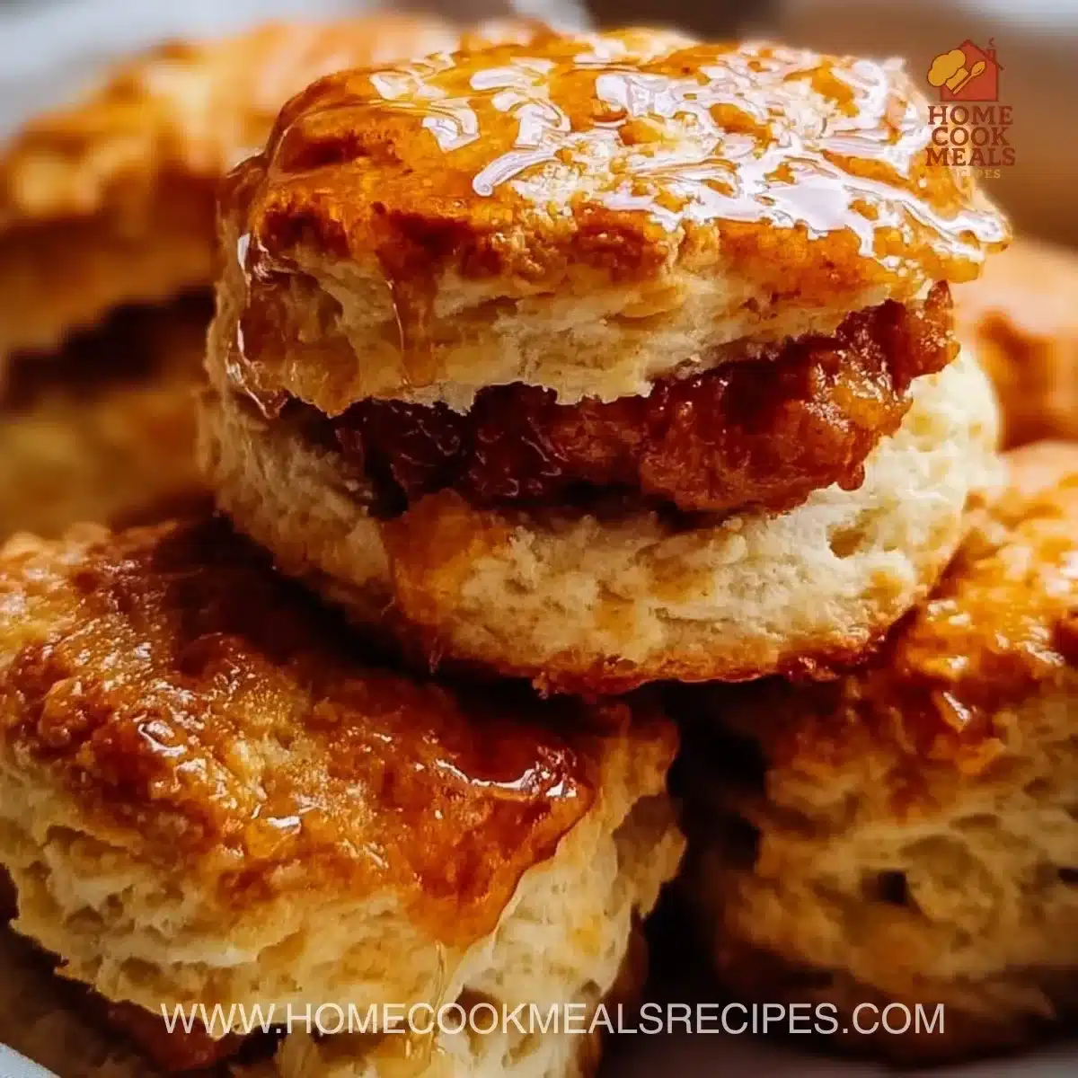 Hot Honey Chicken Biscuits served on a plate, drizzled with honey.