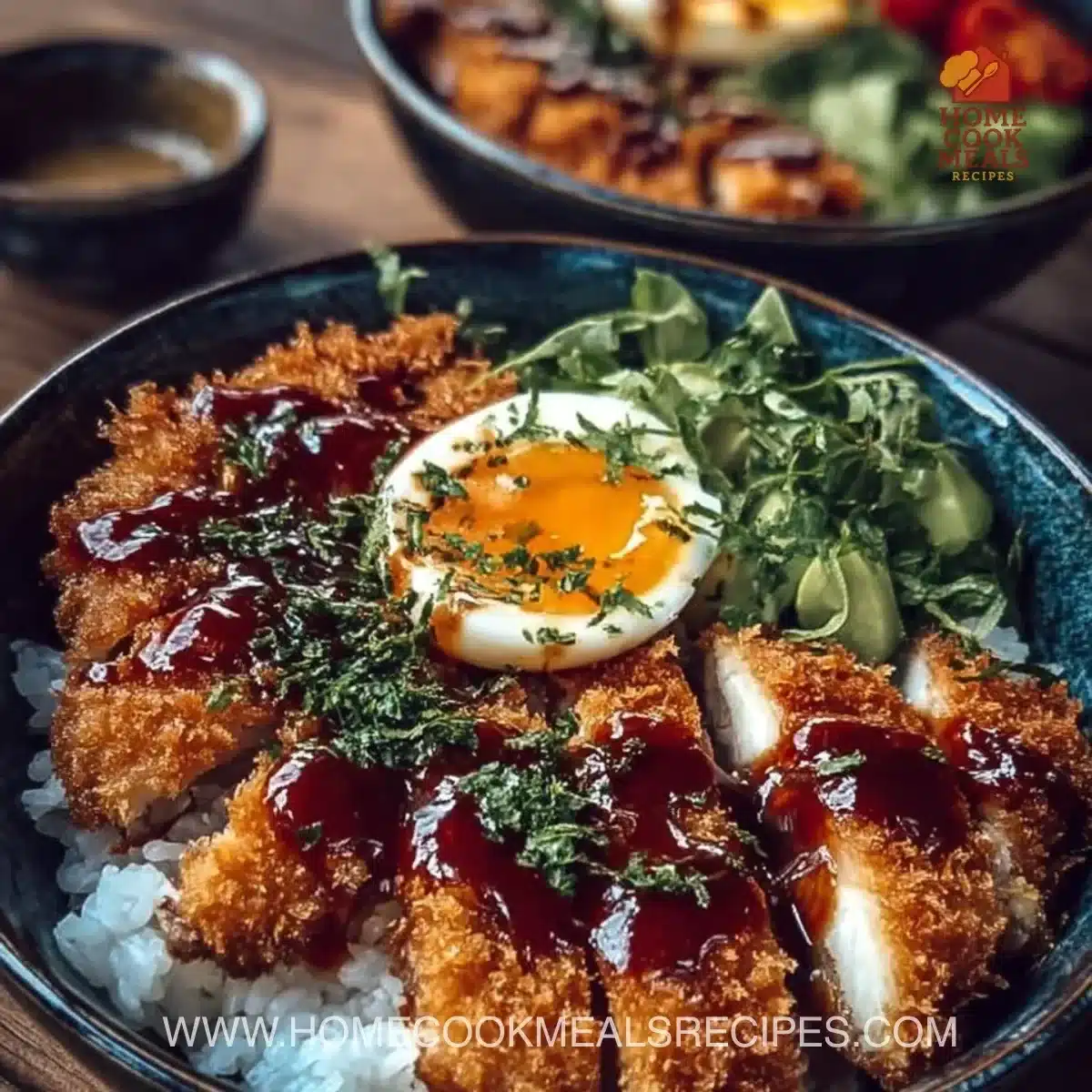 Delicious Japanese Katsu Bowl with crispy pork cutlet over rice and sauce