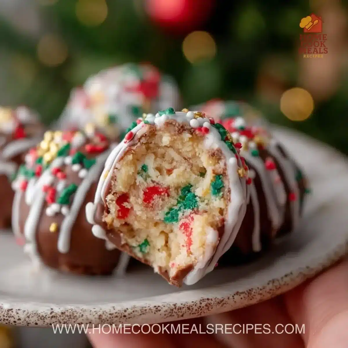 Little Debbie Christmas Tree Cake Truffles on a festive holiday background.