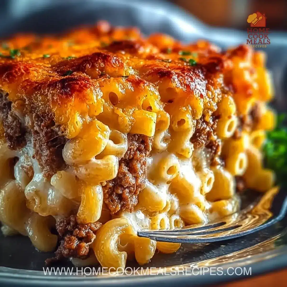 Delicious Mac and Cheese Meatloaf Casserole served in a baking dish