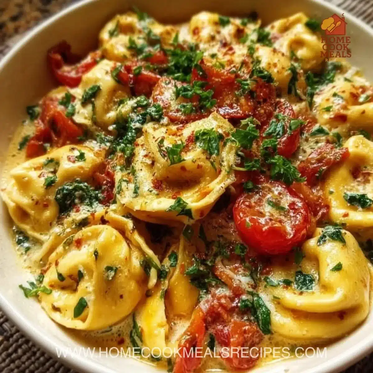 Delicious Marry Me Tortellini served in a beautiful dish with herbs.