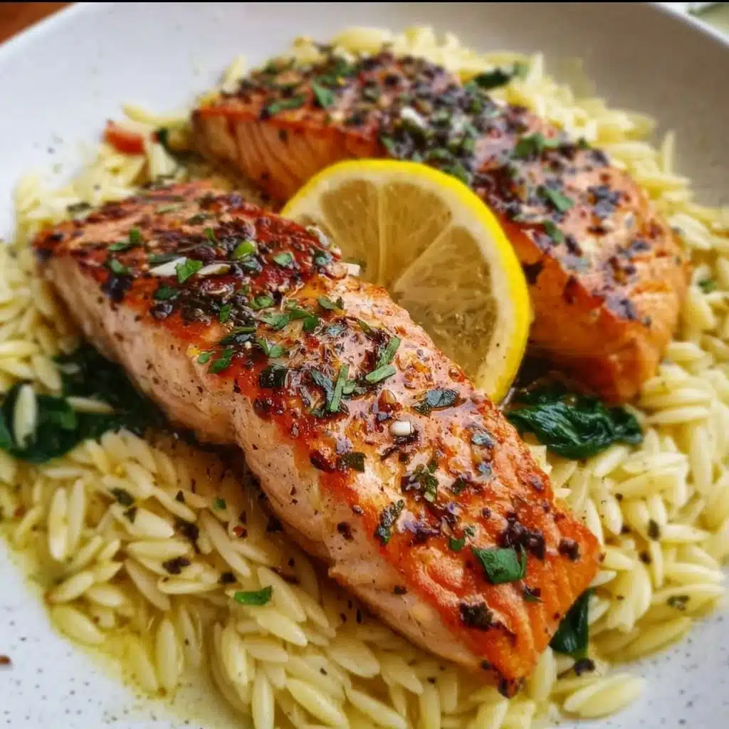 Grilled Mediterranean Salmon served with lemon orzo on a plate