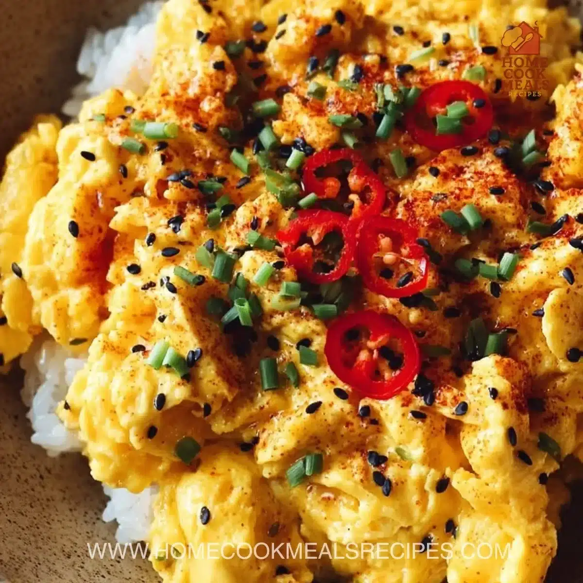 Plate of fluffy miso scrambled eggs garnished with chives