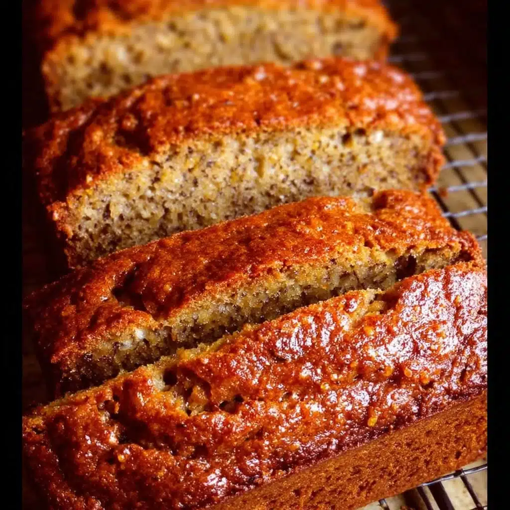 Loaf of moist banana bread topped with walnuts on a wooden table