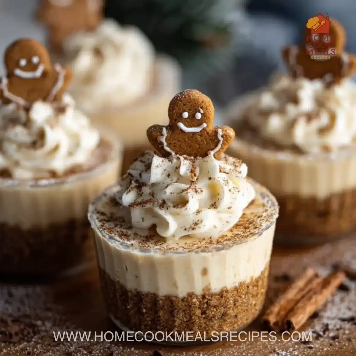 No-bake gingerbread cheesecake cups with festive toppings
