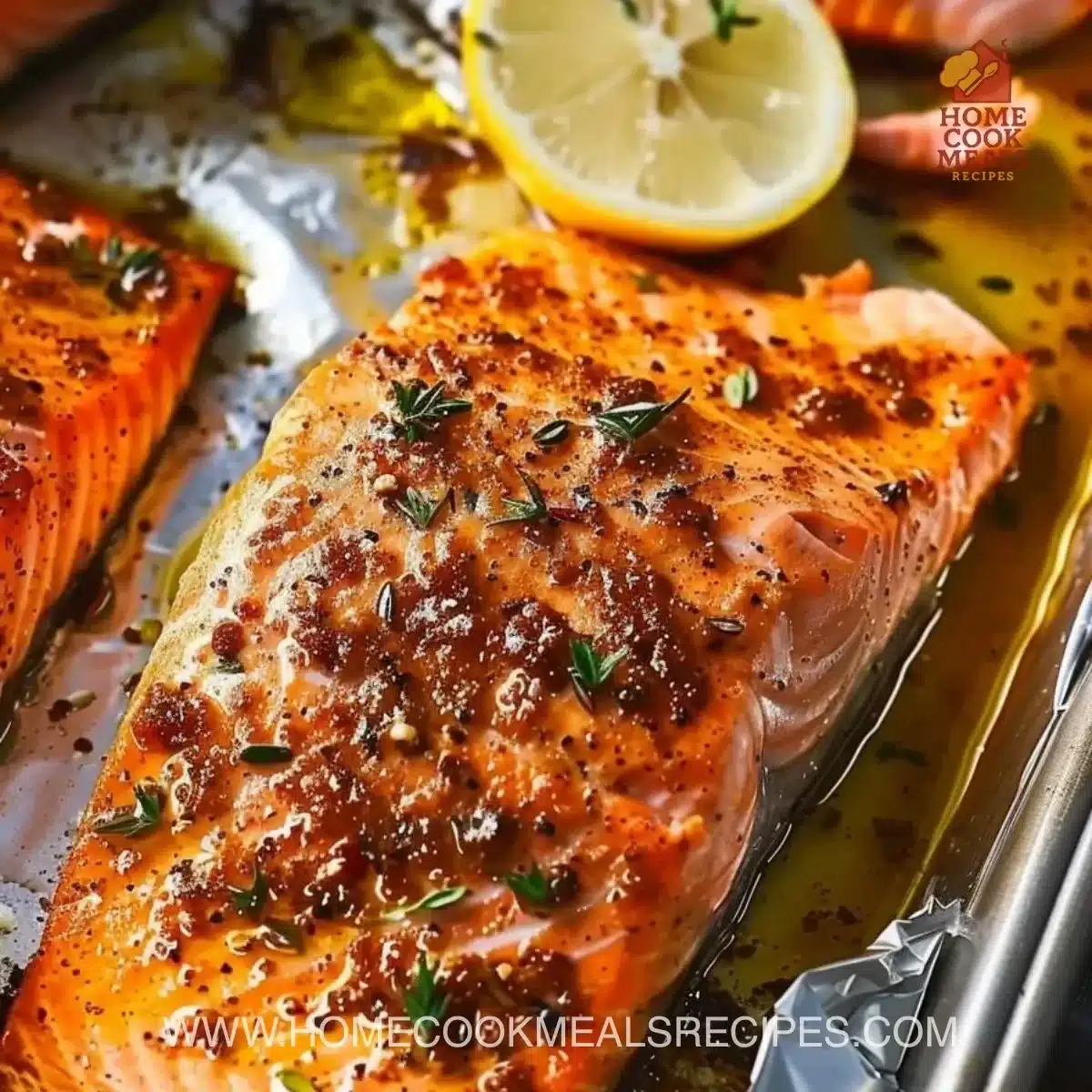 Delicious oven baked salmon served with lemon and herbs.
