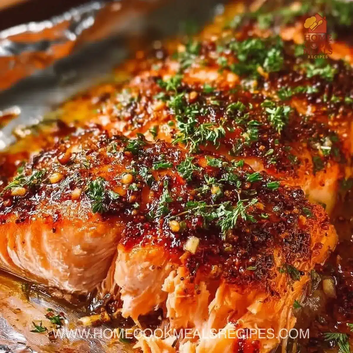 Oven baked salmon fillets seasoned with herbs and spices on a baking tray.
