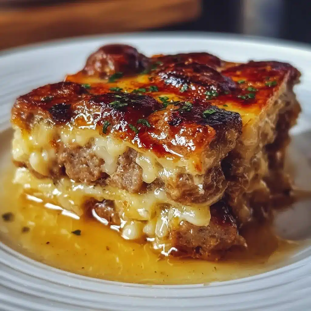 Delicious Pancake Sausage Casserole topped with syrup and sausage.