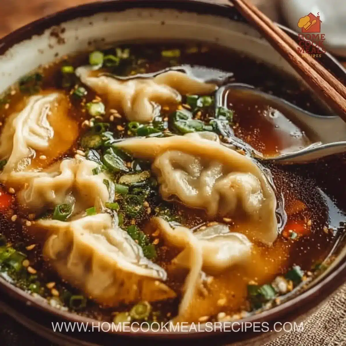 Bowl of flavorful potsticker soup with dumplings and vegetables