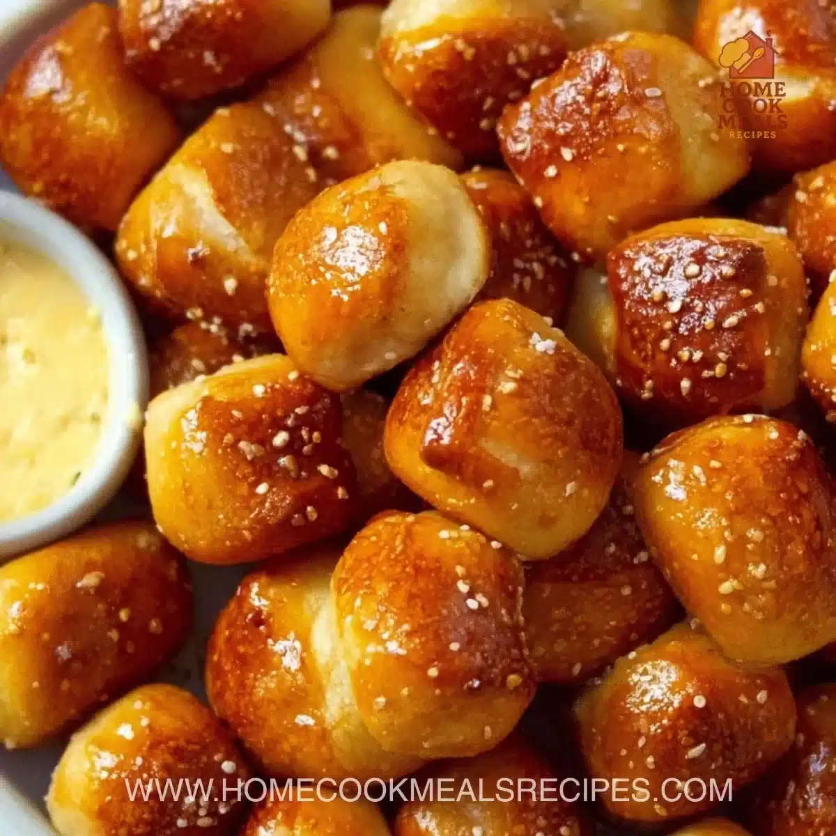 Freshly baked pretzel bites served with mustard and cheese dip