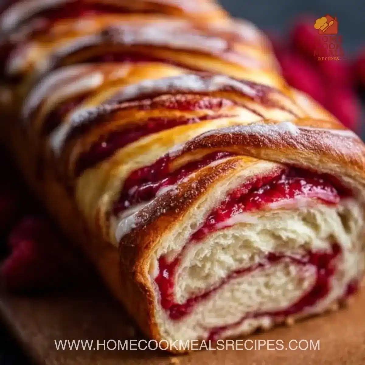 Freshly baked Raspberry Swirl Brioche Loaf on a rustic wooden table