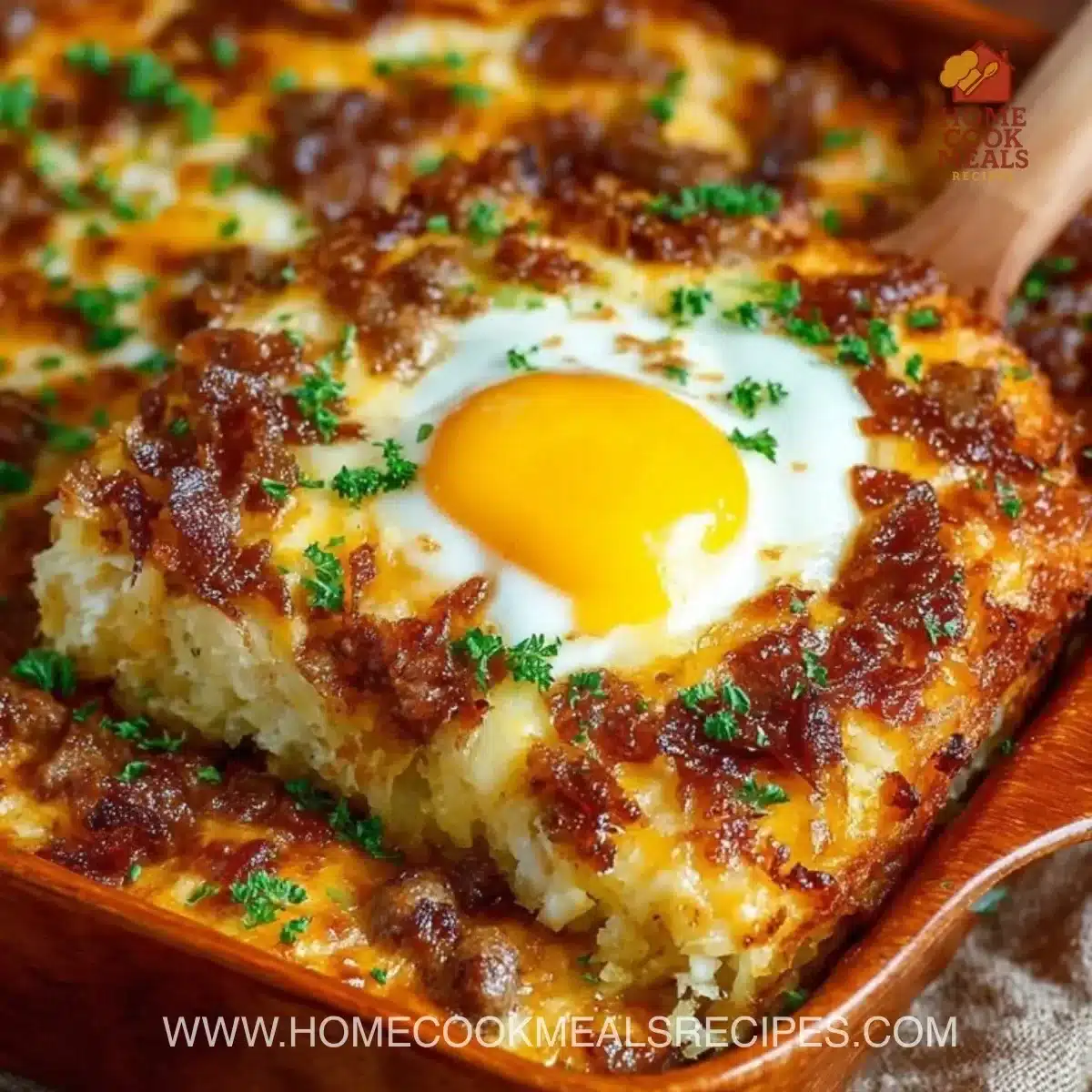 Sausage Hash Brown Breakfast Casserole in a baking dish topped with cheese