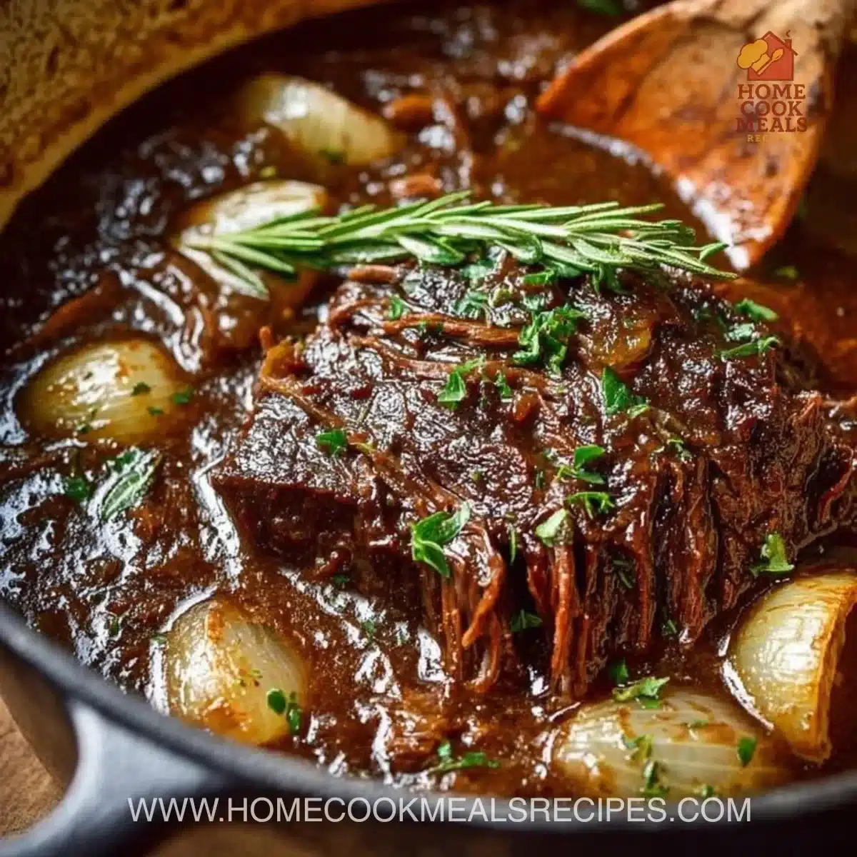 Savory French onion pot roast with tender meat and rich, flavorful gravy