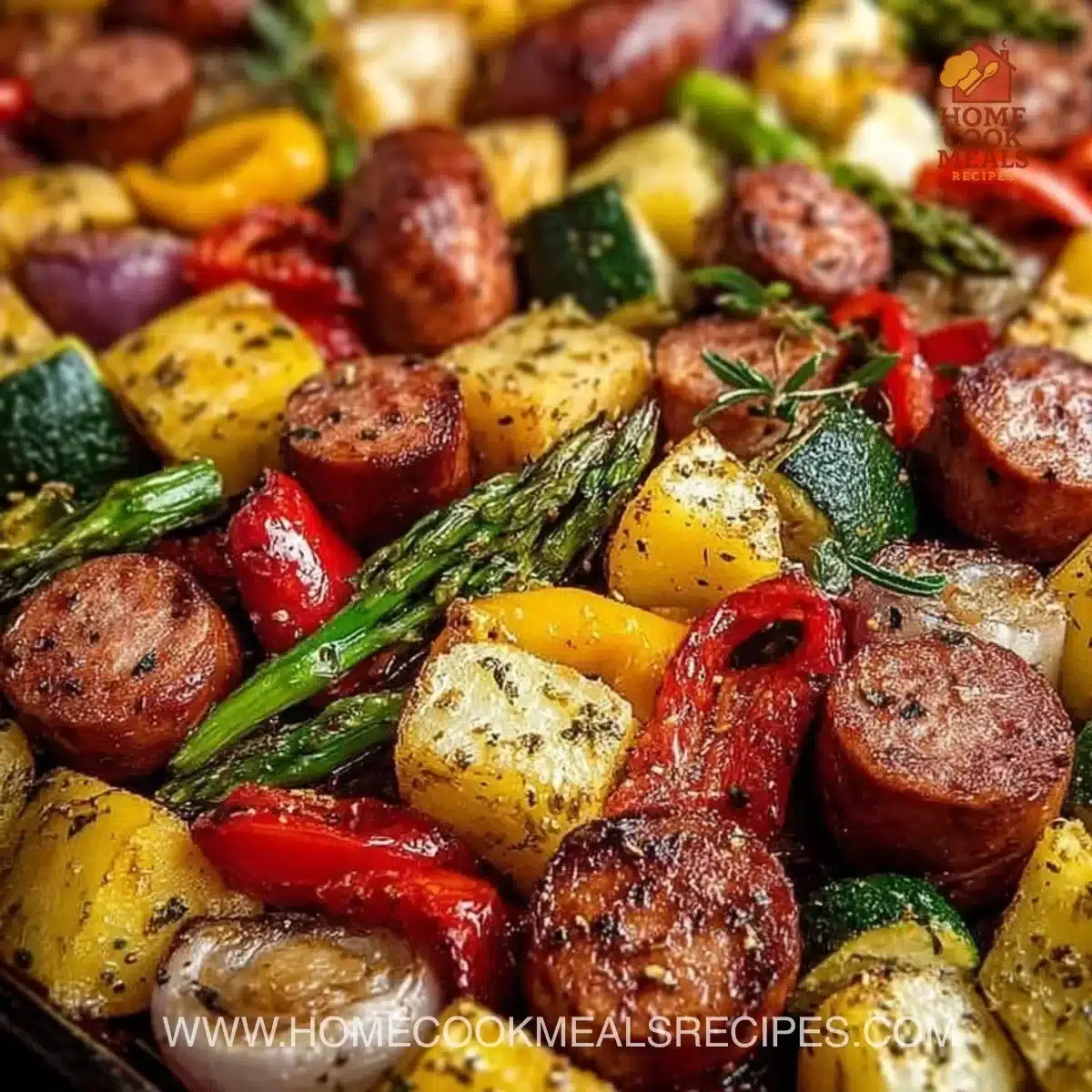Sheet pan sausage with colorful veggies ready for a quick and easy dinner.