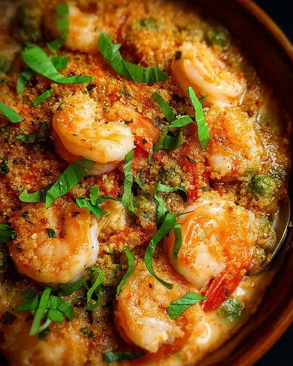 Delicious shrimp casserole ready to serve, featuring shrimp, vegetables, and cheesy topping.