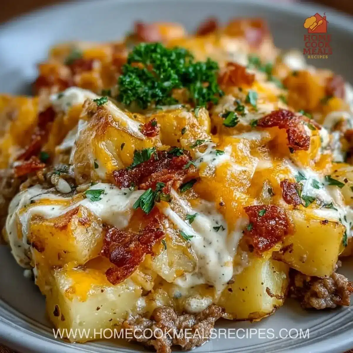 Delicious slow cooker cowboy potato casserole with cheese and toppings