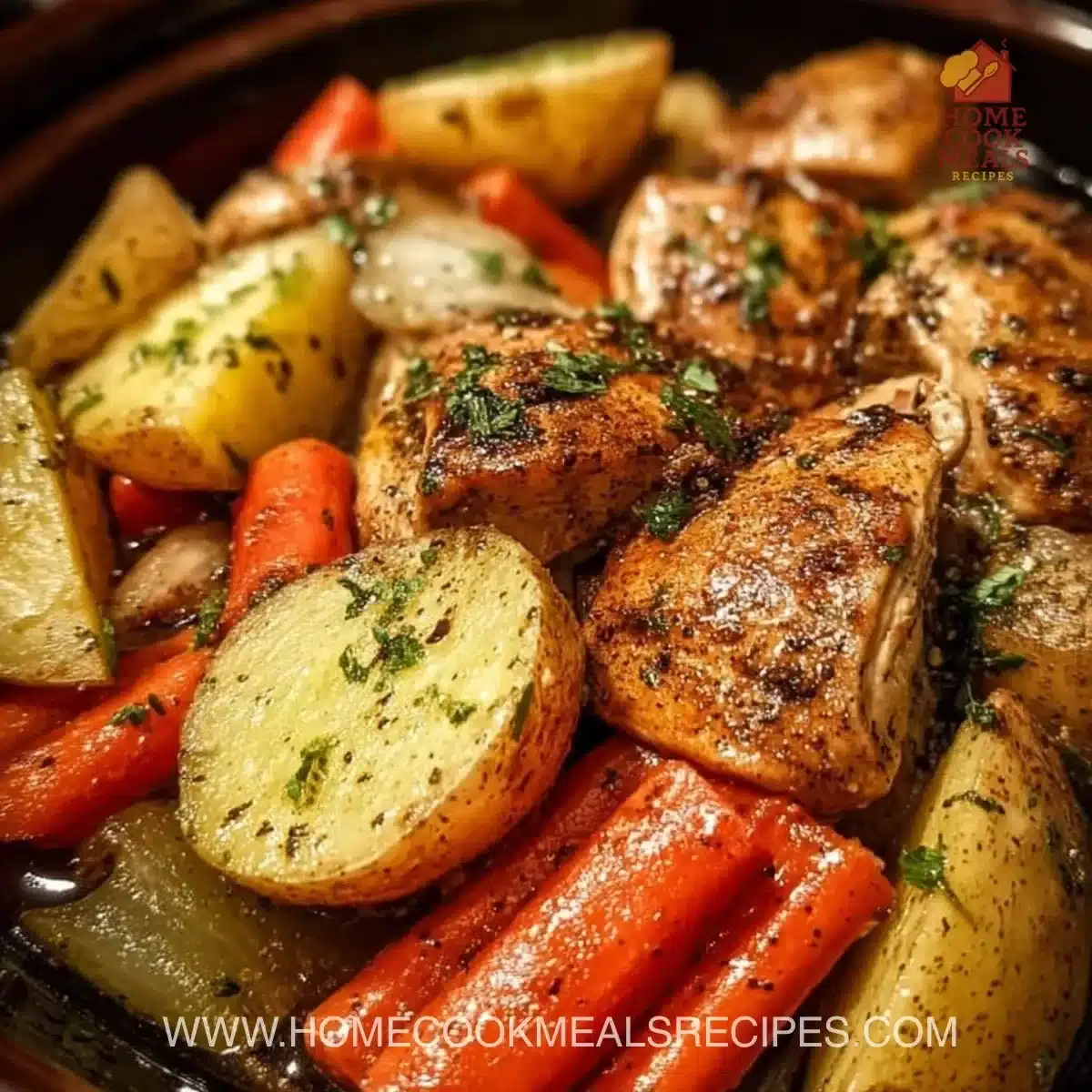 Slow Cooker Garlic Butter Chicken with colorful veggies in a serving dish