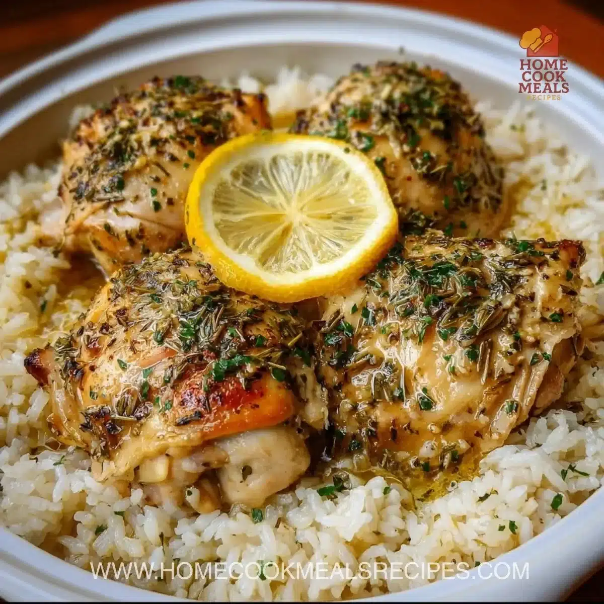 Slow cooker lemon herb chicken served with fluffy rice on a plate