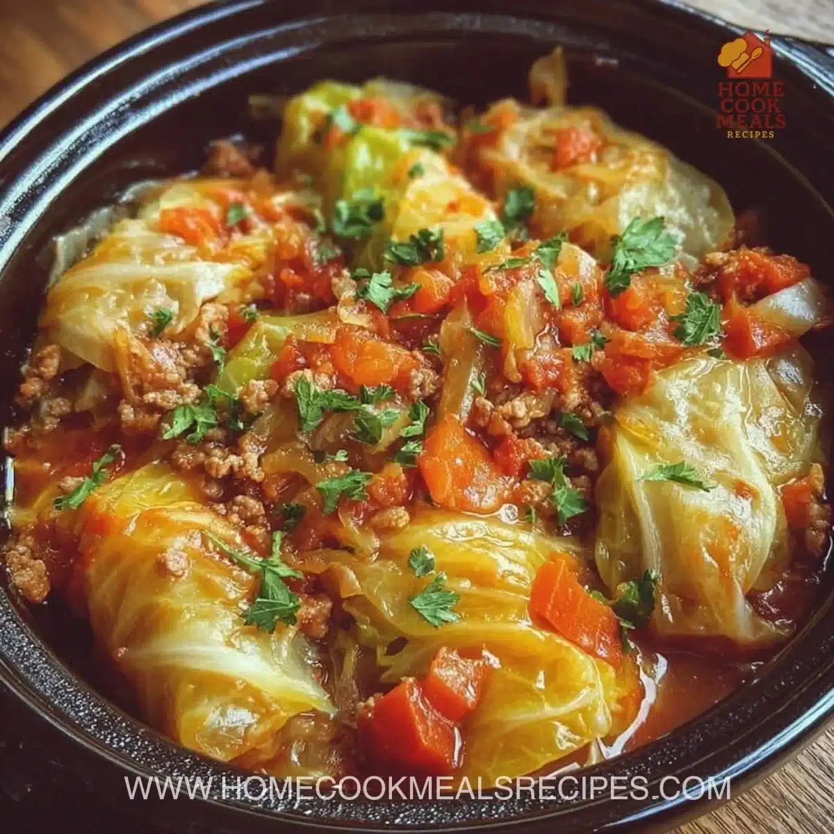 Slow cooker unstuffed cabbage rolls with rice and ground beef in a rich tomato sauce