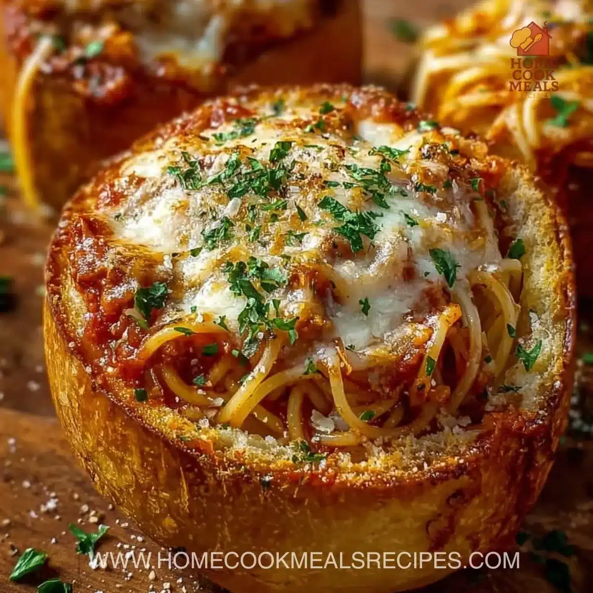 Spaghetti garlic bread bowls filled with cheesy spaghetti and crispy garlic bread.
