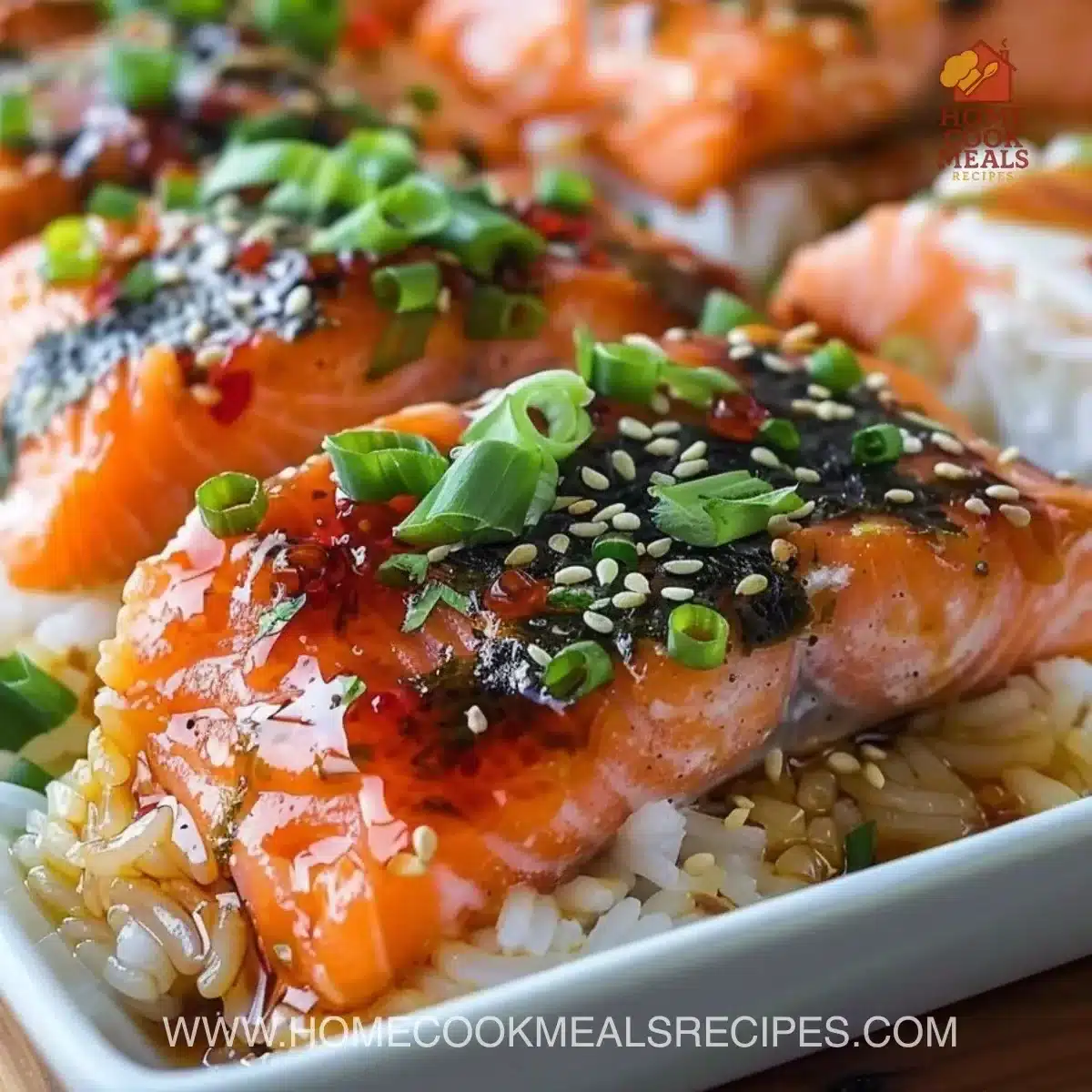 Delicious spicy salmon sushi bake dish served in a modern sushi-style presentation