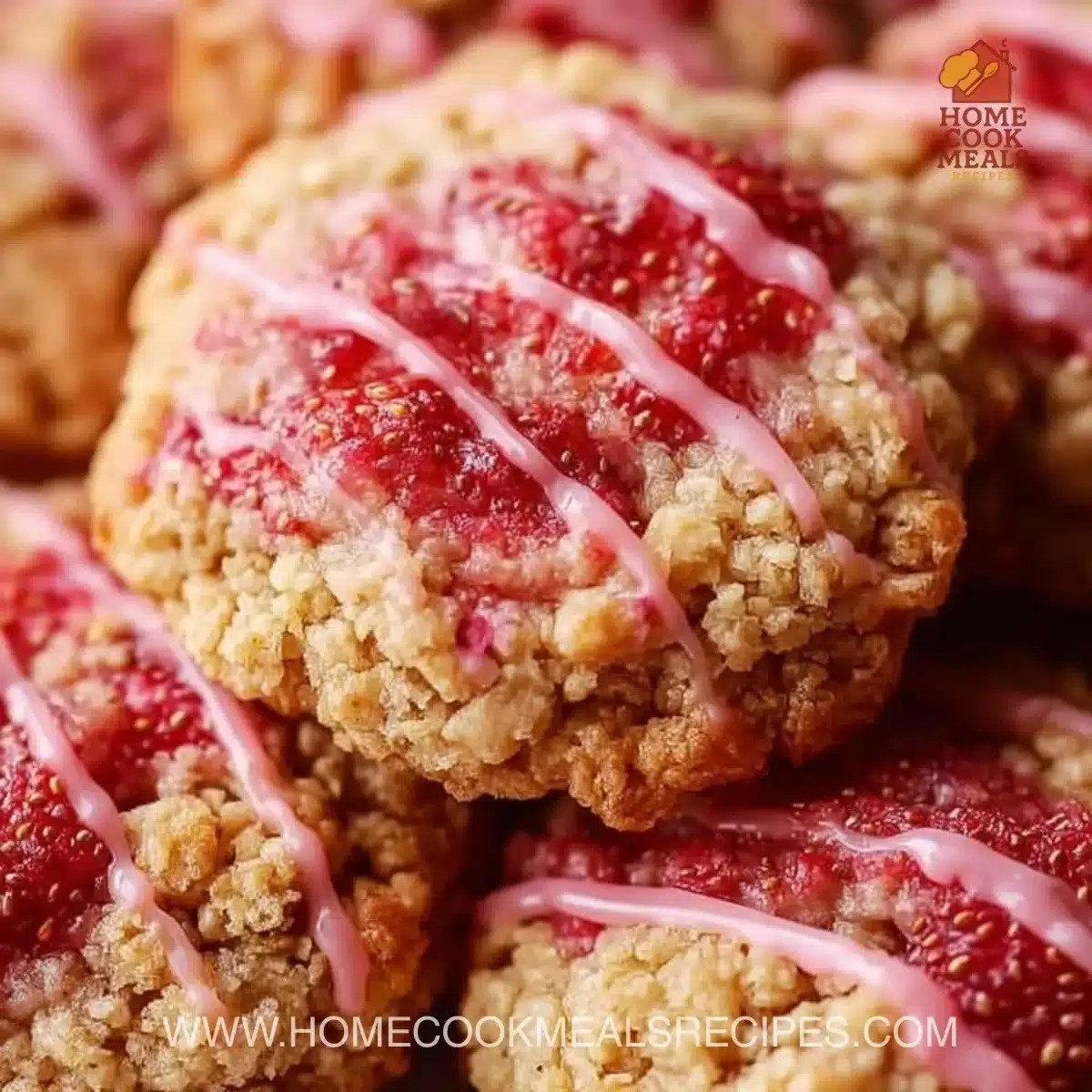 Delicious Strawberry Crunch Cookies with a crunchy topping and bright pink hue.